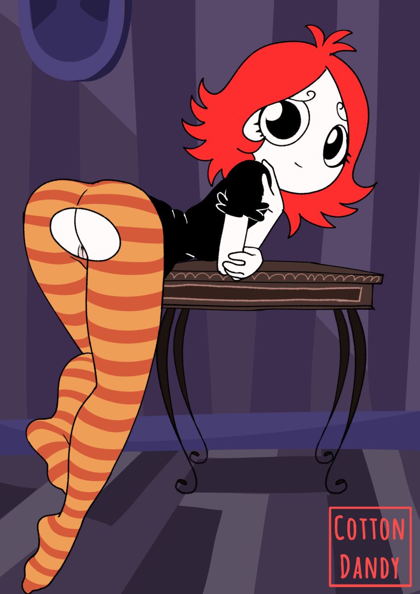 ass black_dress feet female female_focus goth leaning_forward looking_at_viewer pale_skin pussy red_hair ripped_pantyhose ruby_gloom ruby_gloom_(franchise) striped_socks thighhighs