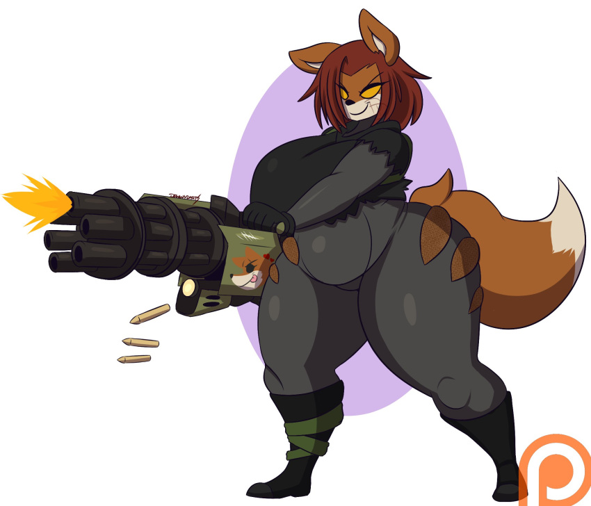 big_breasts breasts dewwydartz gun huge_breasts maddie(dewwydartz) minigun slightly_chubby thick_thighs wide_hips