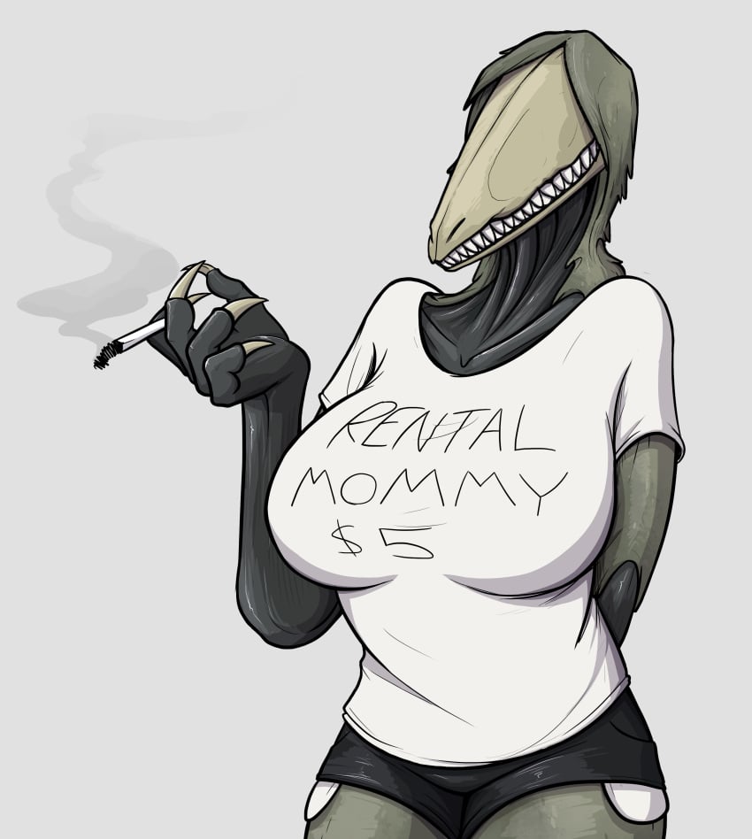 2019 anthro dark_skin female jean_shorts keadonger large_breasts milf rental_mommy rental_mommy_shirt scp-682 scp_foundation sharp_claws sharp_teeth skull_head smoking