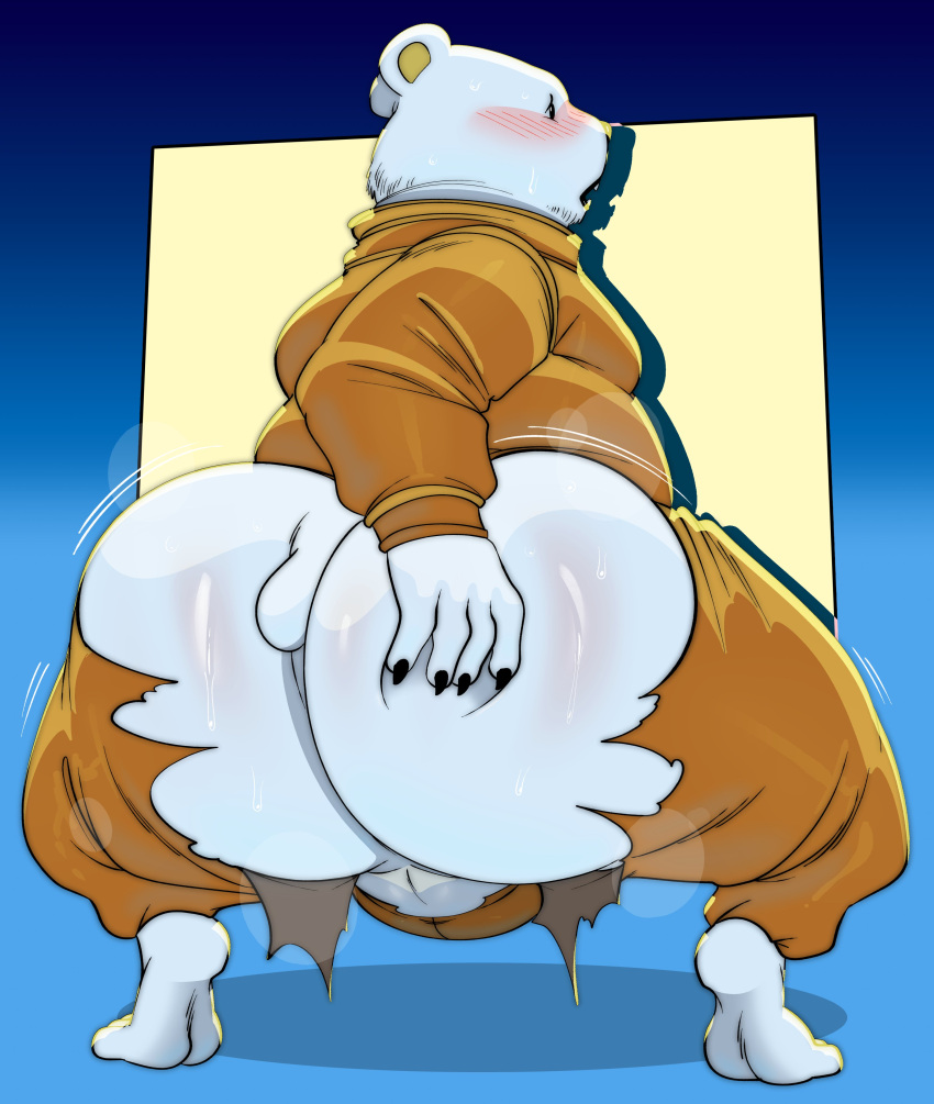 1boy 2023 absurd_res anthro ass backsack balls bear bepo big_butt black_nose blush clothed clothing genitals hi_res kemono male male_only mammal minkmen_(one_piece) one_piece overweight overweight_male polar_bear satsui-n0-had0u simple_background solo ursine white_body