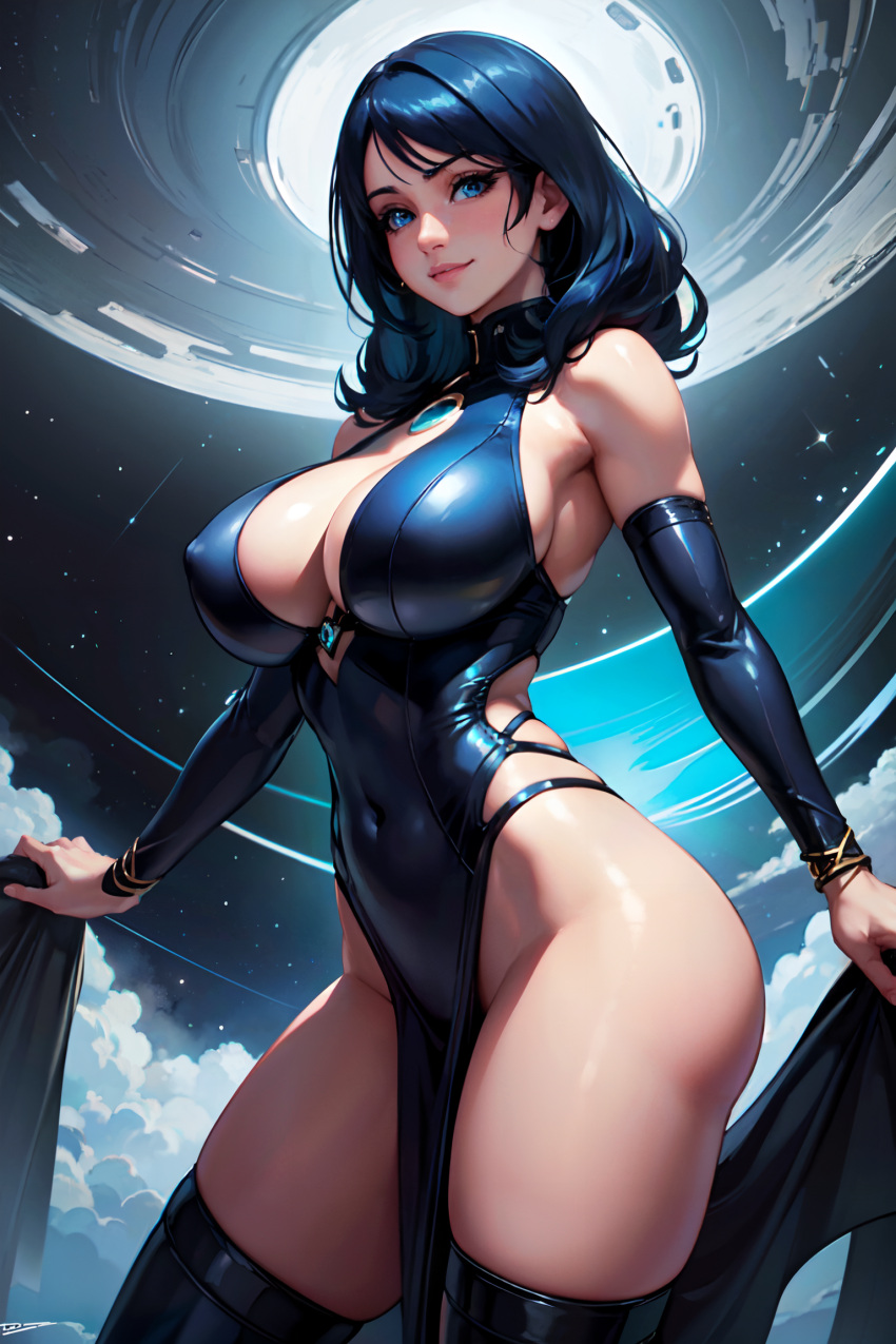 1girls ai_generated belly_button big_ass big_breasts blue_eyes blue_hair female makinbits milf short_hair solo solo_female space stable_diffusion tagme