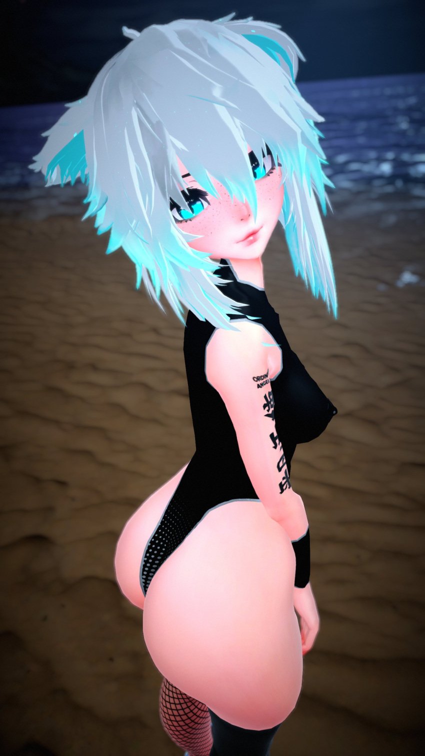 alexandrecollvr alexavr animal_ears ass blurred_background blurry_background female female_only fishnet_legwear humanoid light-skinned_female light_skin outdoors outside pale-skinned_female pale_skin solo tattoo tattoo_on_arm tattooed_arm vrchat