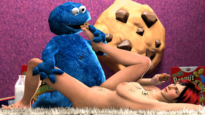 1boy 1girls 3d ambiguous_penetration barefoot between_toes blue_body blue_fur breasts cookie cookie_monster cookies crossover crumbs crumbs_on_breasts dead_or_alive eating eating_food feet female food_fetish food_on_feet food_play foot_fetish googly_eyes looking_at_viewer mila_(doa) mktrreekky monster nipples nude_female parody puppet red_hair sesame_street sex shag_carpet smiling smiling_at_viewer sole_female source_filmmaker teasing_viewer toes two-tone_hair