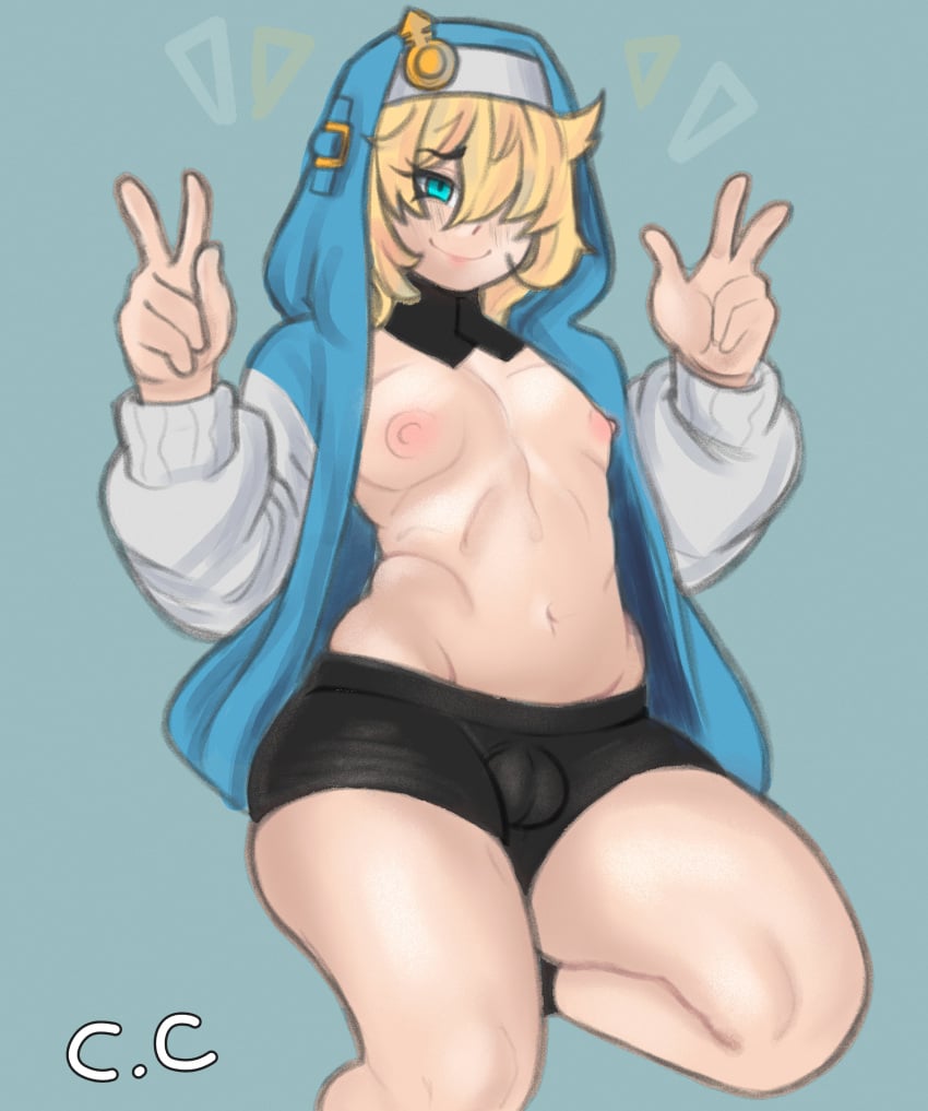 1boy androgyne_symbol androgynous bare_midriff bare_thighs belly bicycle_shorts blue_eyes blush bridget bulge champchidi crossdressing double_peace_sign femboy feminine_male girly guilty_gear male male_focus male_only midriff nervous nervous_smile nipple otoko_no_ko peace_sign penis self_upload shorts skindentation small_penis spats stomach thick_thighs tight_clothing tummy visible_penis