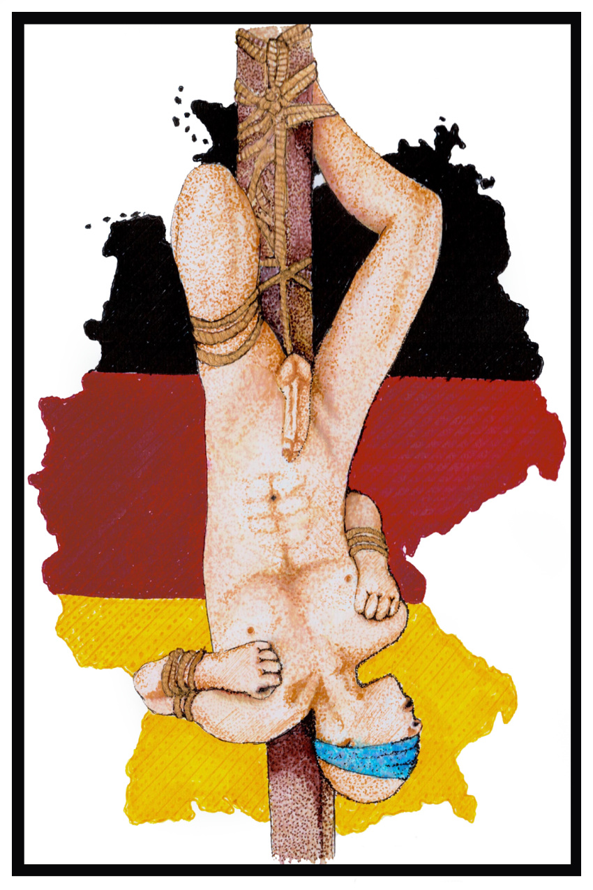 1981_simon_1981 big_penis bondage gay german_flag germany hand_drawn ink male naked naked_male nude nude_male pen_(artwork) sketches_by_adab skinny_male solo tied_up