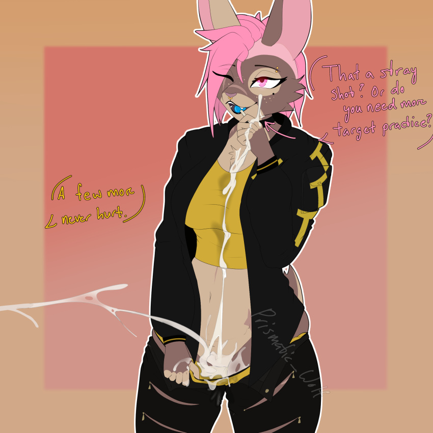 1girls anthro artist_request belladonna_(prismatic_wolf) bodily_fluids bottomwear candy clothed clothing cum cum_in_clothing cum_in_panties cum_in_pants cum_in_partner's_clothing cum_in_underwear cum_on_belly cum_on_body cum_on_chest cum_on_clothing cum_on_face cum_on_hand cum_pool cumshot dessert ejaculation excessive_cum excessive_genital_fluids exposed female food genital_fluids genitals hair hi_res lagomorph leporid lollipop lollipop_in_mouth mammal midriff offscreen_character one_eye_closed open_bottomwear open_clothing open_pants panties pants panty_pull pink_hair presenting_genitals prismatic_wolf pulling_pants_down pussy rabbit scar solo underwear wink