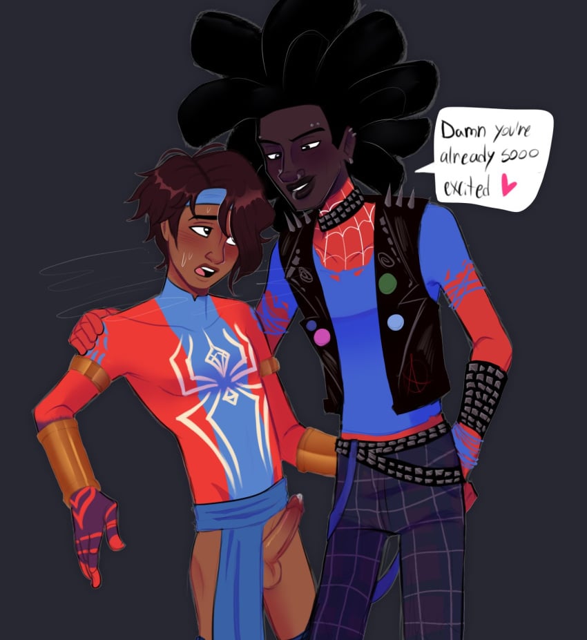 2boys fex_(art) gay hobart_brown hobie_brown human human_only imminent_yaoi marvel pavitr_prabhakar precum precum_drip spandex spandex_suit spider-man:_across_the_spider-verse spider-man_(series) spider-punk unmasked yaoi