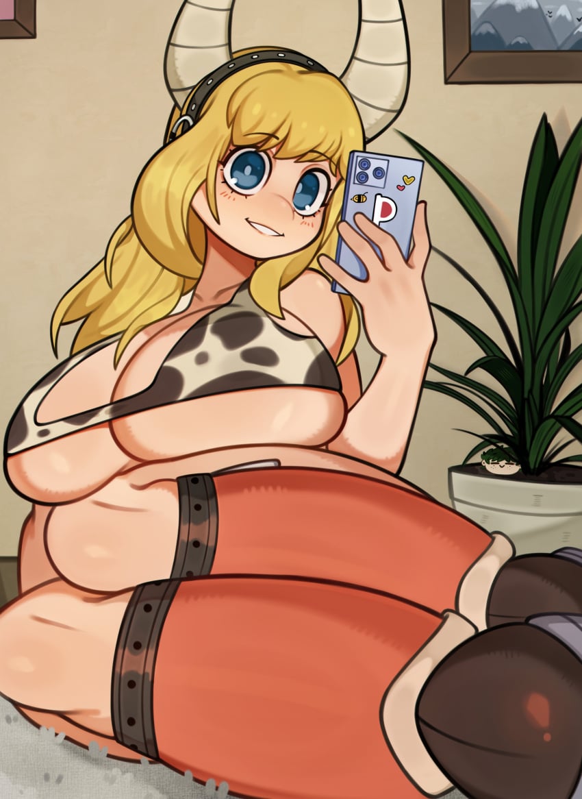 1girls blonde_hair breast_rest cleavage cow_print cow_print_bikini hooves horns horse_tail huge_breasts large_breasts long_hair melonpuff my_hero_academia open_mouth selfie tsunotori_pony