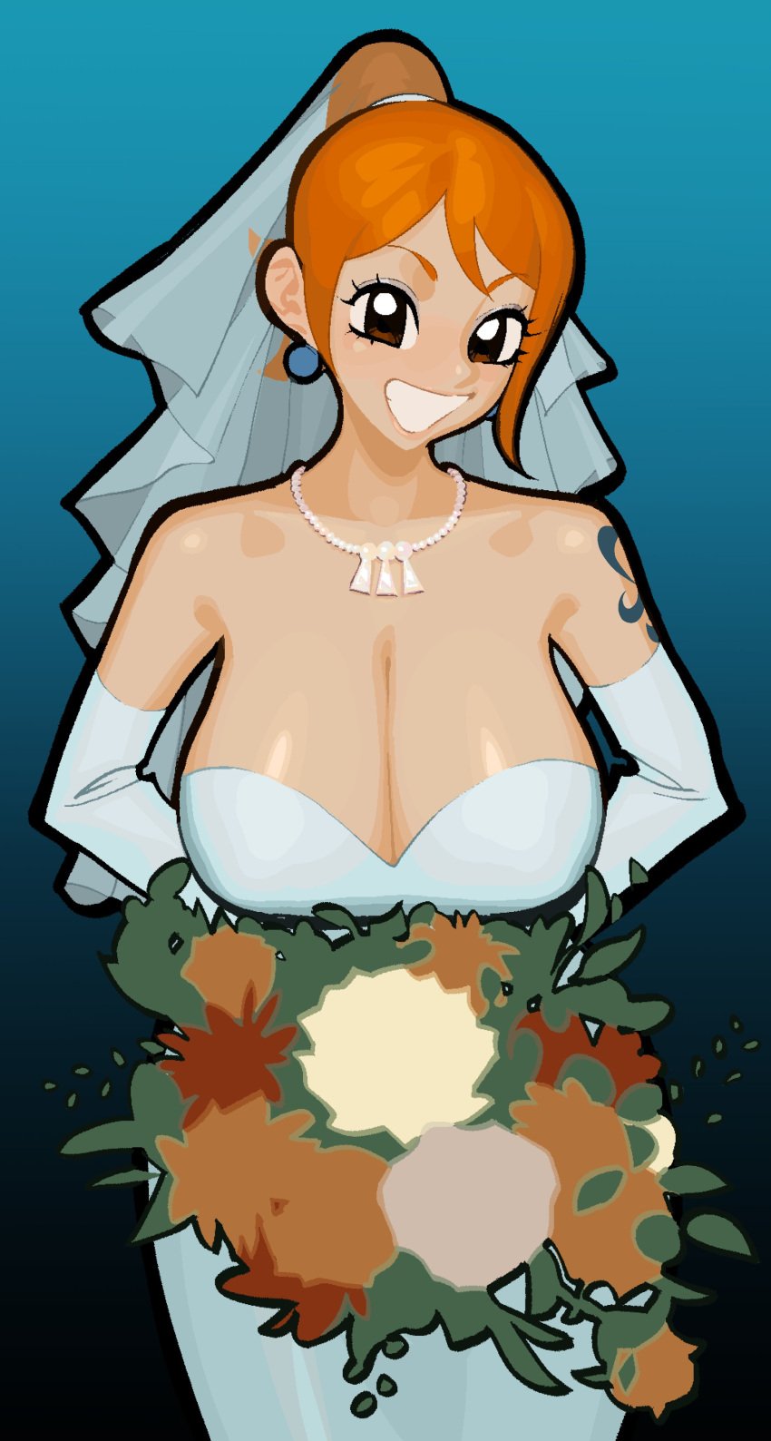 bridal_gauntlets bride female female_focus female_only large_breasts looking_at_viewer nami nami_(one_piece) one_piece orange_hair post-timeskip short_hair wedding_veil zillionaire