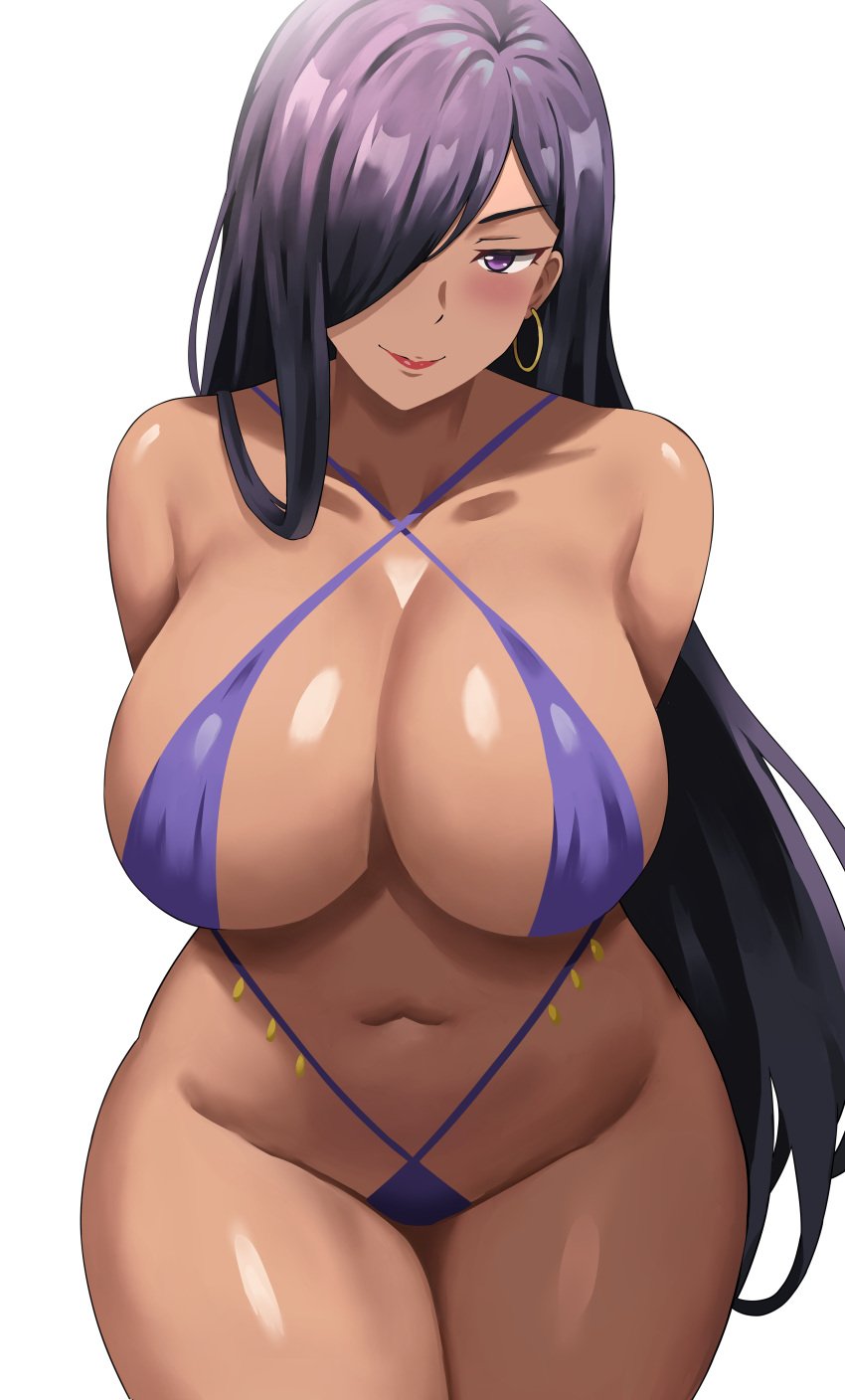 1girls absurdres aisha_belka black_hair breasts dark-skinned_female dark_skin dungeon_ni_deai_wo_motomeru_no_wa_machigatteiru_darou_ka female hair_over_one_eye hi_res hips huge_breasts jasony long_hair naughty_face thick_thighs thighs wide_hips