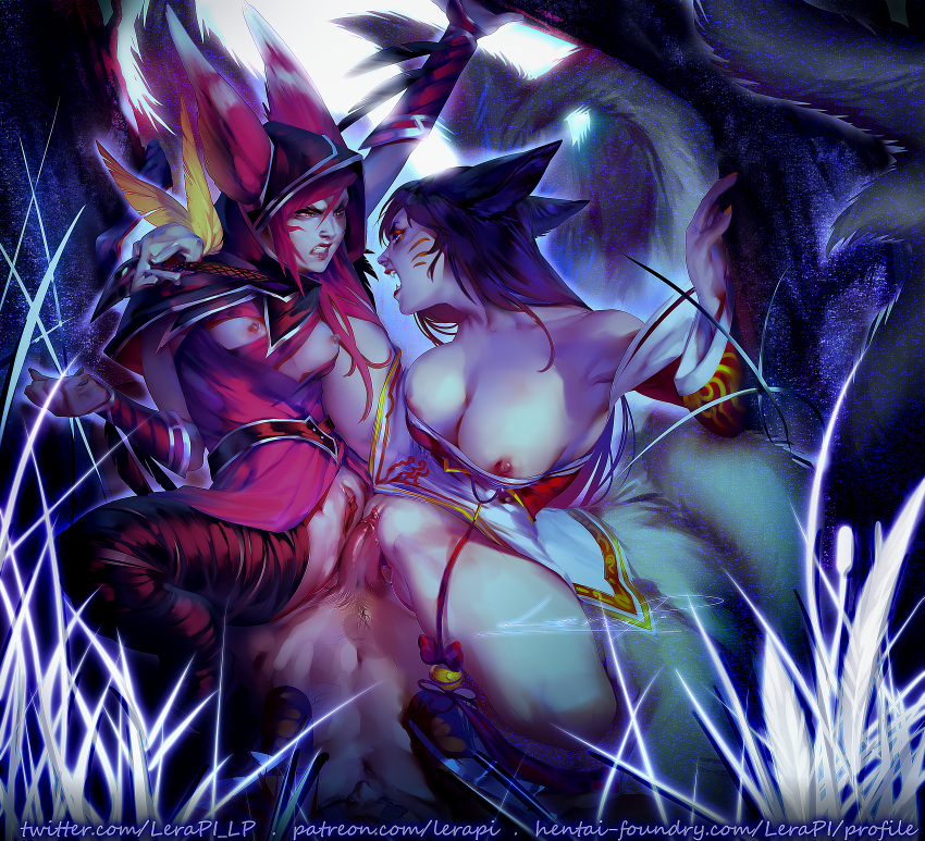 1boy 2girls 9_tails ahri angry animal_ear_fluff animal_ears animal_girl areolae big_breasts black_hair breasts busty cleavage clitoris clothing curvaceous curves curvy curvy_body curvy_female curvy_females curvy_figure curvy_hips eyelashes eyeliner eyeshadow facial_markings female female_penetrated fluffy fluffy_ears fluffy_tail fluffy_tails fox fox_ears fox_girl fox_tail furry_tail genitals hourglass_figure huge_breasts human_on_humanoid human_penetrating human_penetrating_humanoid humanoid humanoid_penetrated inner_ear_fluff kemonomimi kitsune large_breasts league_of_legends lerapi light-skinned_female light_skin long_hair male_on_female male_penetrating male_penetrating_female multiple_tails nine_tailed_fox nipples pale-skinned_female pale_skin penetration penis penis_in_pussy penis_in_vagina pink_areola pussy riot_games sex tail thighs threesome vagina vaginal_insertion vaginal_penetration vaginal_sex vastaya video_games xayah yellow_eyes