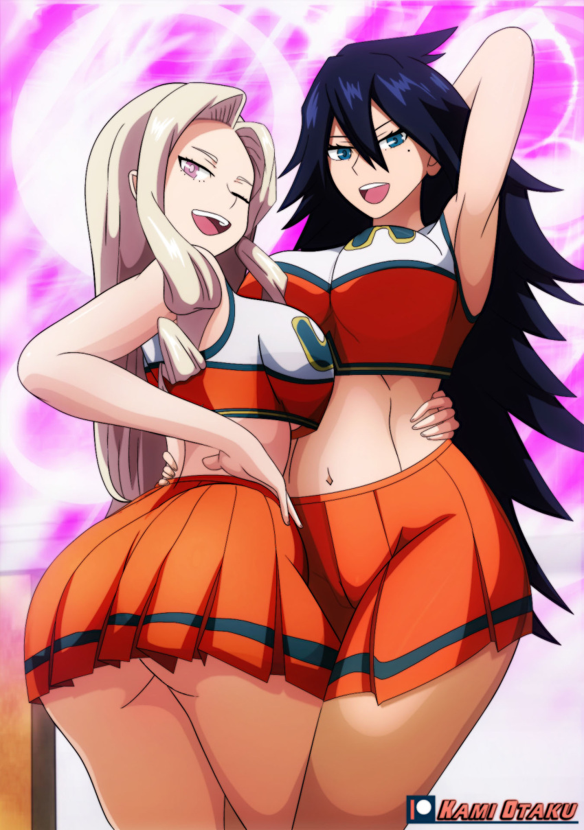 2girls alternate_costume alternate_version_available ass big_ass big_breasts black_hair blue_eyes bottomwear breasts cheerleader cheerleader_outfit cheerleader_uniform crop_top female female_only hair hand_behind_head hand_on_hip hips huge_ass huge_breasts kami_otaku long_hair midnight_(my_hero_academia) midriff mole mole_under_eye mount_lady my_hero_academia navel nemuri_kayama one_eye_closed orange_skirt purple_eyes skirt thick_thighs thighs topwear wink yuu_takeyama