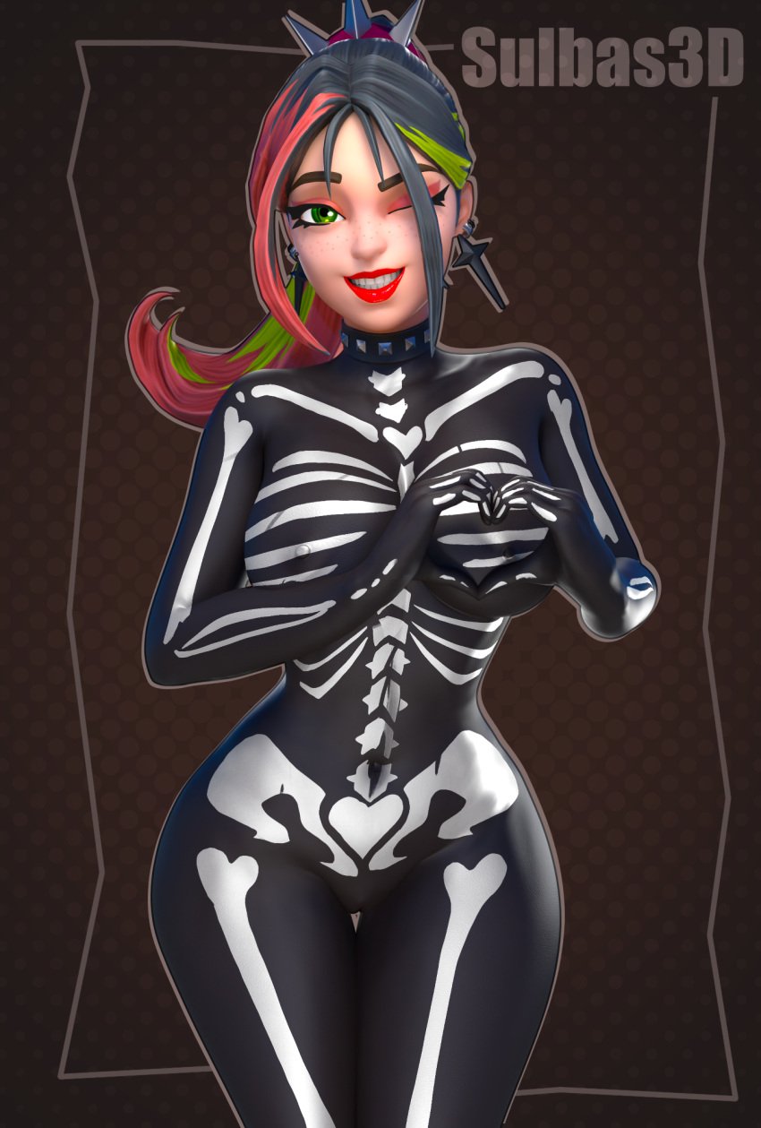 1girls 3d black_hair blinking body_paint bodypaint breasts cameltoe choker completely_nude cute earrings female female_solo fortnite green_eyes green_hair halloween halloween_costume heart heart-shaped_boob_challenge helsie_(fortnite) lipstick looking_at_viewer multicolored_hair nipples nude nude_female painted_clothes portrait pussy pussy_juice_drip red_hair skeleton skeleton_print skeleton_suit smile solo solo_female sulbas3d thick_thighs thighs three-quarter_portrait trick_or_treat vagina wide_hips wink winking_at_viewer