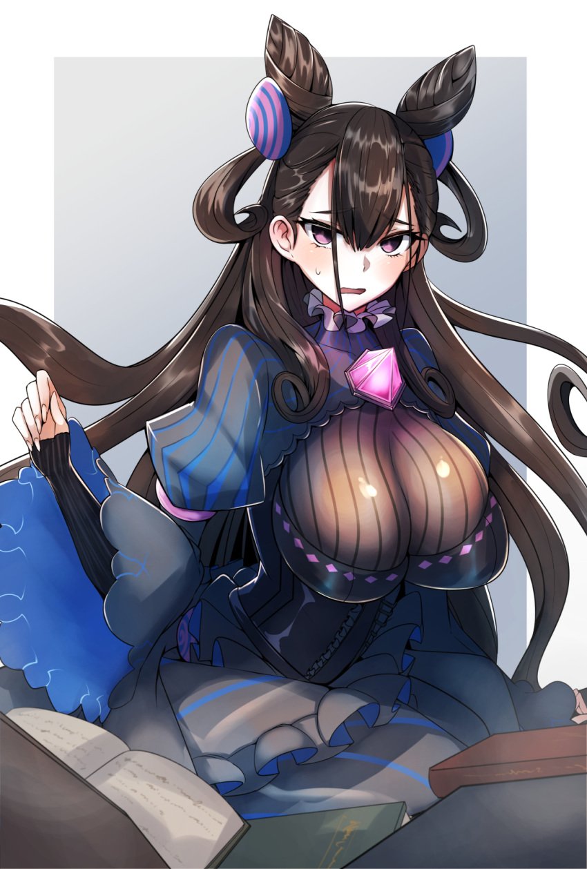 big_breasts blush curvy dark_hair dress fate/grand_order fate_(series) gin_moku hair_ornament huge_breasts long_hair looking_at_viewer mature_female murasaki_shikibu_(fate) pale-skinned_female pale_skin purple_eyes sweatdrop