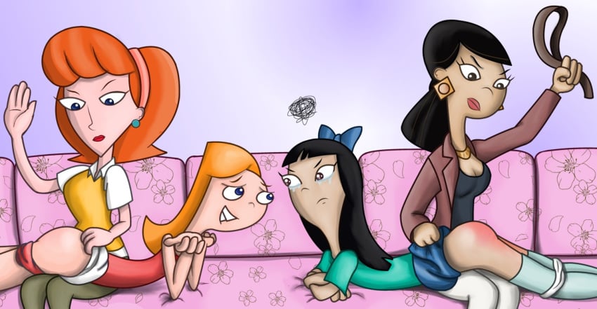 2girls bow candace_flynn clothing disney disney_channel dr._hirano female female_only honeysmother human incest linda_flynn-fletcher mother_and_daughter multiple_females multiple_girls panties phineas_and_ferb spanking stacy_hirano