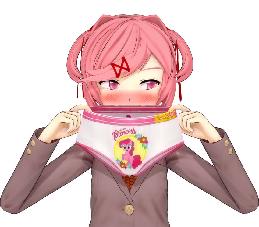 1girls 3d 5_fingers blush blush_lines blushing childish_panties clothed clothes clothing doki_doki_literature_club embarrassed_nude_female euf female friendship_is_magic girl hair_intakes holding holding_clothes holding_clothing holding_panties koikatsu mlp mlp_g4 my_little_pony natsuki_(doki_doki_literature_club) onagazgreat panties pigtails pink_eyes pink_hair pinkie_pie_(mlp) print_panties small_breasts transparent_background twintails white_background