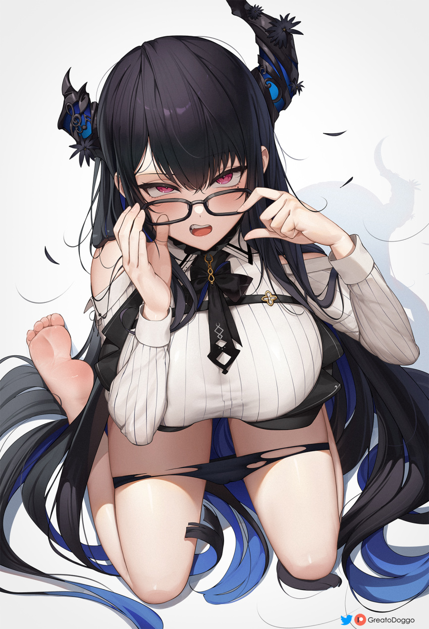 1girls black_hair breasts cleavage female glasses greatodoggo hi_res hololive hololive_english hololive_english_-advent- horns huge_breasts kneeling light-skinned_female light_skin long_hair nerissa_ravencroft textless virtual_youtuber