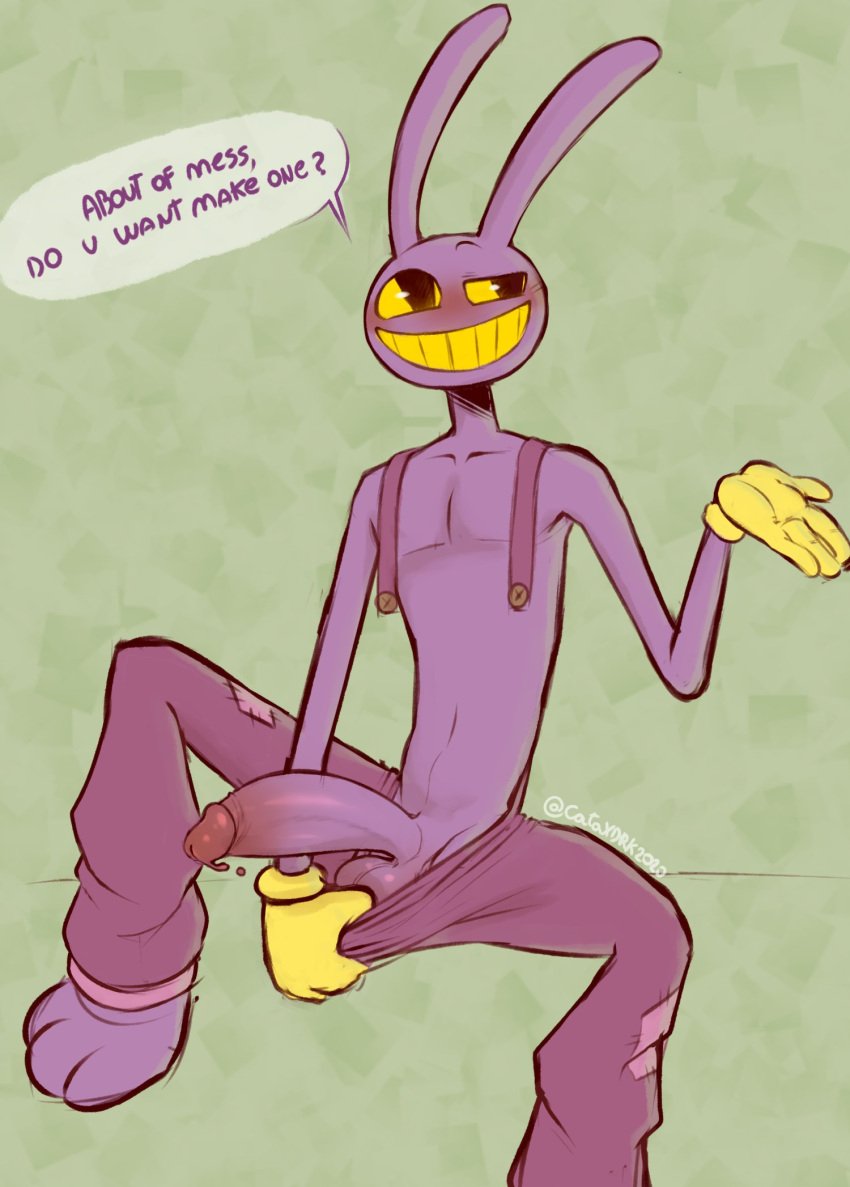 anthro bunny_ears cataxdrk2020 dialogue dialogue_box gloves gooseworx inviting_to_sex jax_(the_amazing_digital_circus) looking_to_the_side male male_only pants_down penis purple_body purple_penis smiling solo_male tagme the_amazing_digital_circus yellow_eyes yellow_mouth