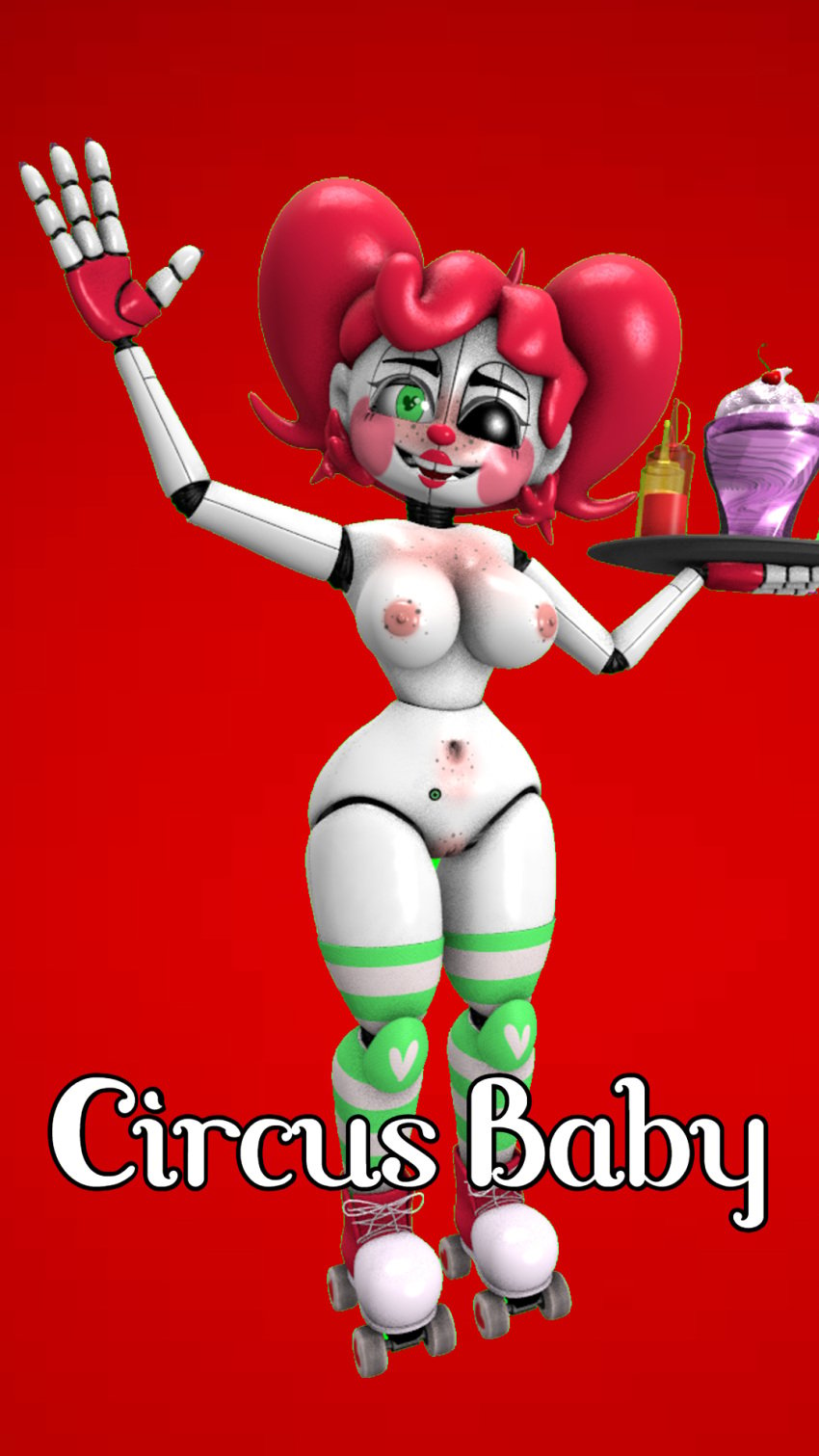 1girls 3d 3d_(artwork) 4_fingers animatronic baby_(fnafsl) belly_button breasts circus_baby circus_baby_(fnaf) female female_only five_nights_at_freddy's five_nights_at_freddy's:_sister_location fnaf freckles freckles_on_breasts freckles_on_face green_eyes heart-shaped_pupils hourglass_figure lipstick looking_at_viewer nude nude_female plate red_background red_hair robot_girl roller_skates sister_location so87baby source_request striped_legwear summer_of_87_baby tagme tagme_(artist) twintails wink