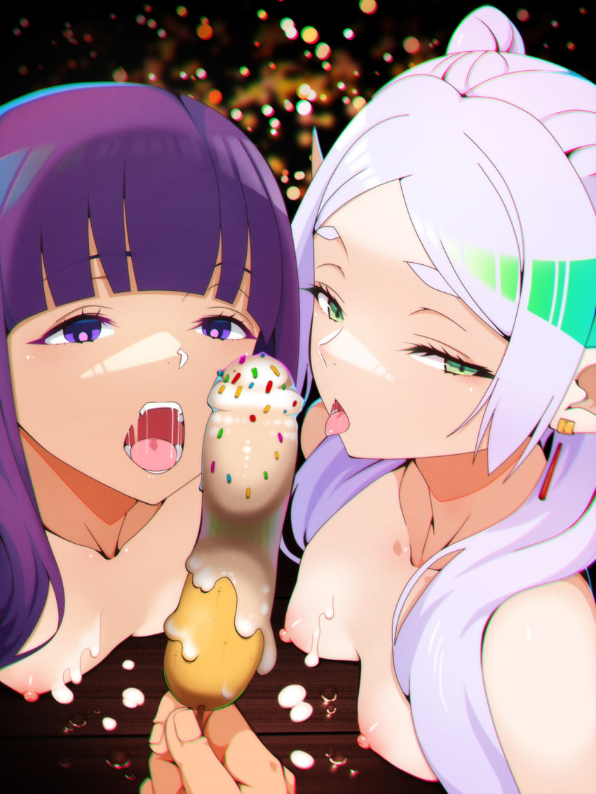 2girls breasts elf elf_ears elf_female female fern_(sousou_no_frieren) frieren green_eyes multiple_girls naked naked_female nipples purple_eyes purple_hair rbx_lamen silver_hair sousou_no_frieren tongue tongue_out