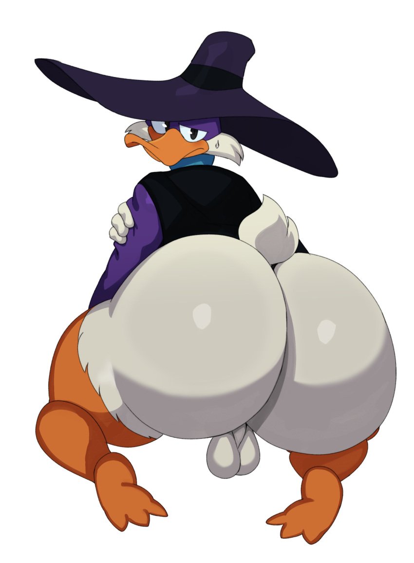 absurd_res anatid anseriform anthro ass avian backsack balls big_butt bird bodily_fluids bottomless clothed clothing darkwing_duck darkwing_duck_(character) disney drake_mallard duck genitals hi_res huge_butt looking_at_viewer looking_back male male_only solo sssonic2 sweat sweatdrop