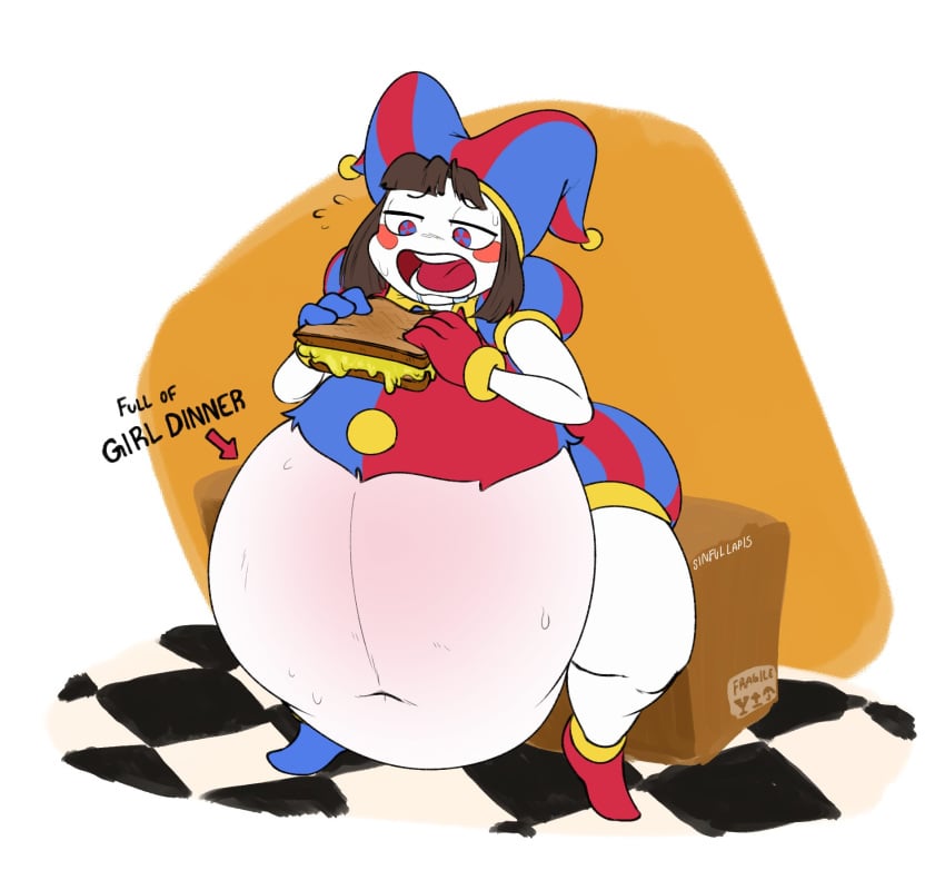 1girls 2023 2d 2d_(artwork) 2d_artwork belly eating fat food glitch_productions gooseworx grilled_cheese huge_belly jester jester_cap jester_outfit obese obese_female overweight pomni pomni_(the_amazing_digital_circus) sinfullapis the_amazing_digital_circus