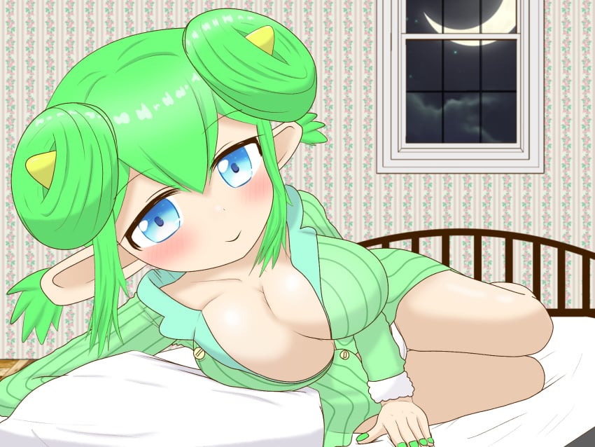 1girls bed bedroom big_breasts blue_eyes blush breasts green_hair hair_bun horns huge_breasts large_breasts lidelle_(puyo_puyo) looking_at_viewer moon night on_bed puyo_puyo puyo_puyo_fever smile thick_thighs thighs