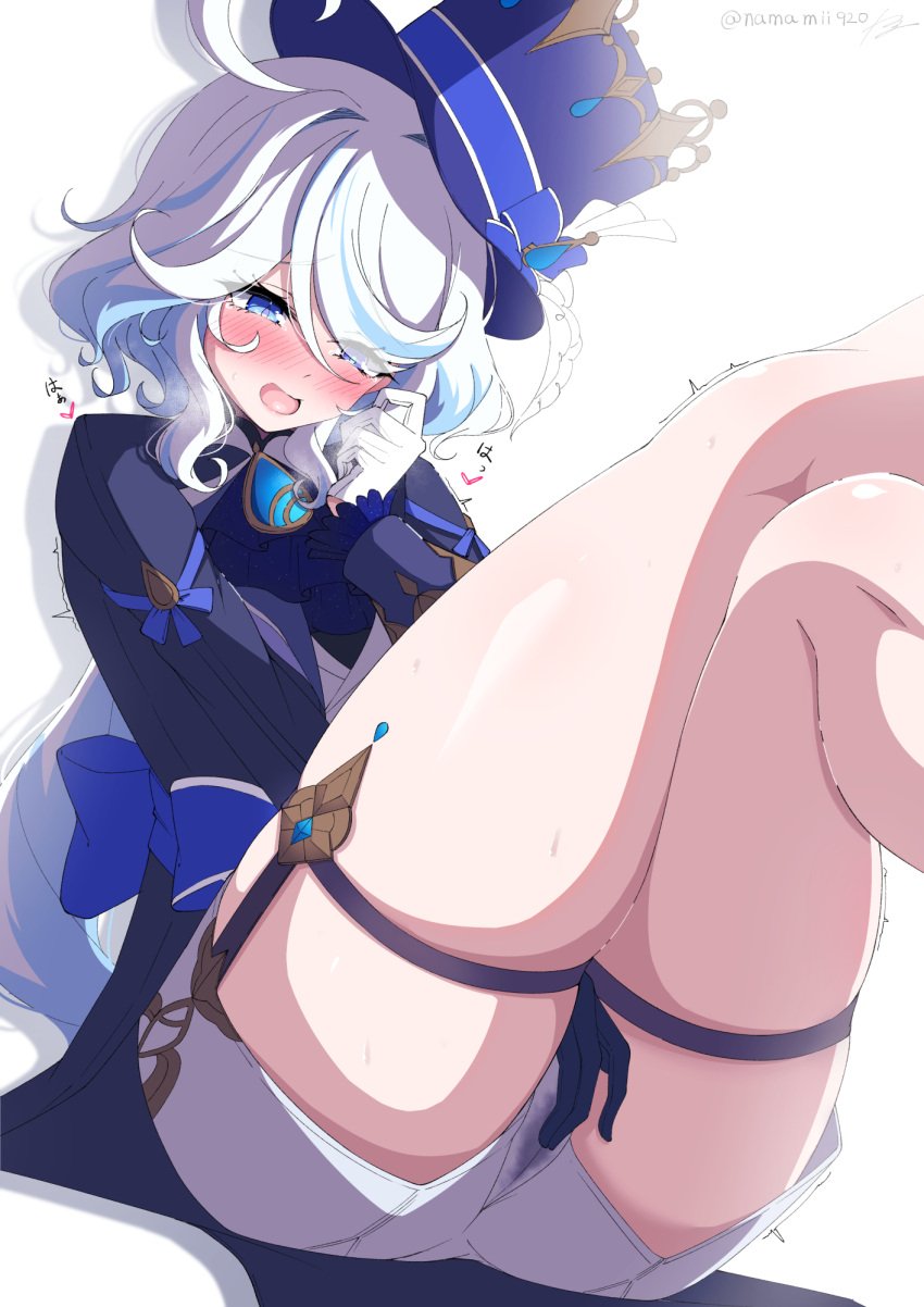 ascot asymmetrical_gloves back_bow black_gloves blue_ascot blue_bow blue_brooch blue_eyes blue_hair blue_headwear blue_jacket blush bow brooch cowlick cropped_legs crossed_legs drop-shaped_pupils female female_masturbation fingering fingering_through_clothes furina_(genshin_impact) genshin_impact gloves hand_up hat hat_bow hat_feather heart heterochromia highres jacket jewelry kodona lolita_fashion long_hair long_sleeves masturbation mismatched_gloves multicolored_hair namamii open_mouth ponytail pussy_juice pussy_juice_stain shorts simple_background sitting smile solo streaked_hair sweat thick_thighs thigh_strap thighs through_clothes top_hat twitter_username white_background white_gloves white_hair white_shorts