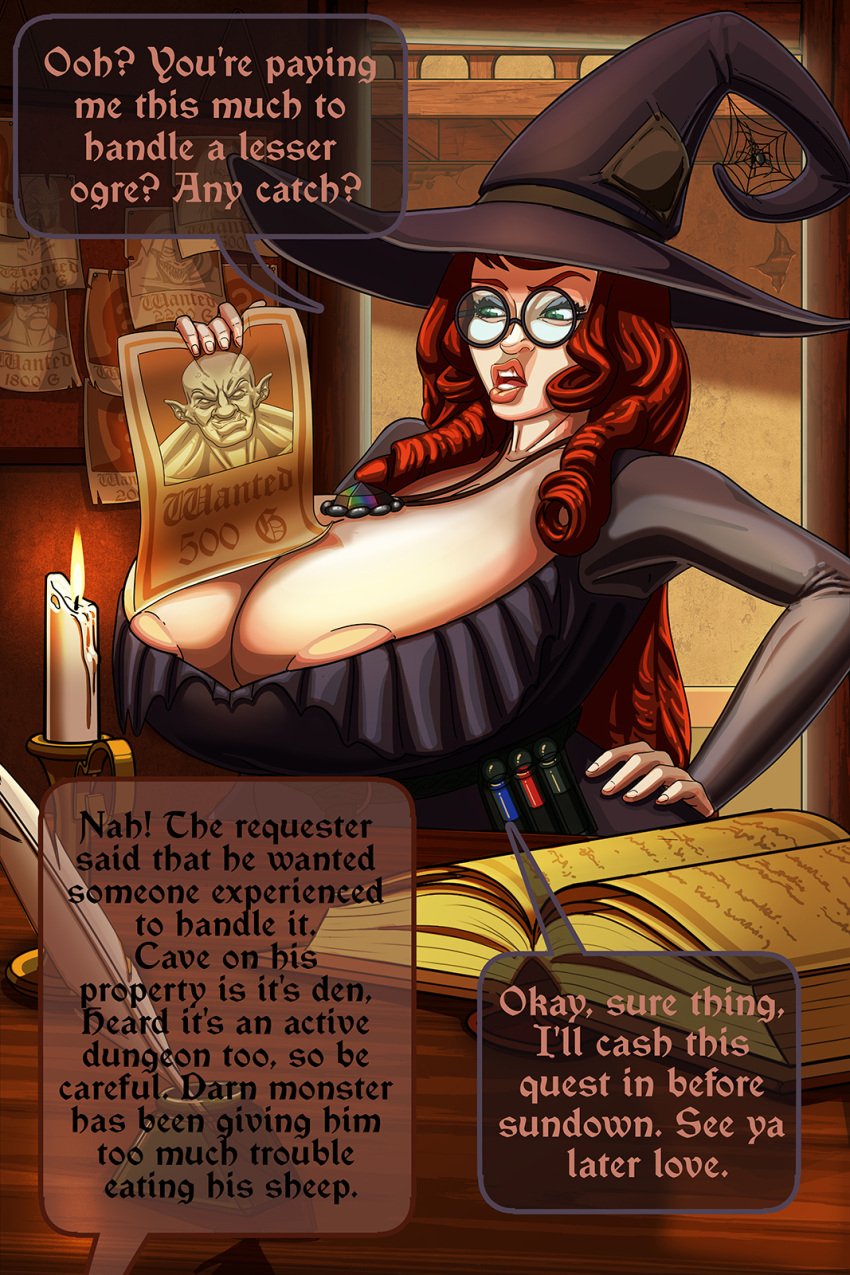 1girl 1girls amulet big_areola big_breasts comic comic_page curly_hair dialogue dialogue_box e-ward fantasy huge_breasts red_hair witch witch_hat