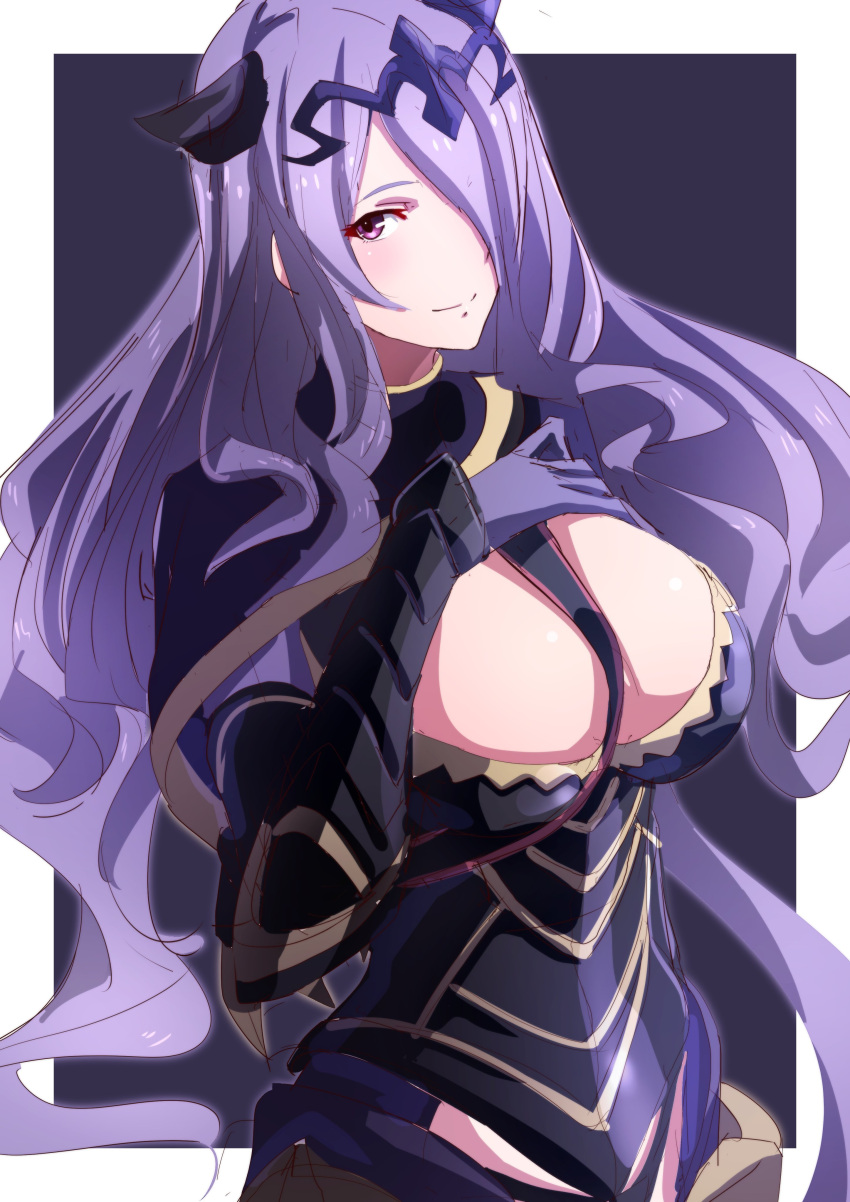 1girls absurdres armor black_armor black_panties breasts camilla_(fire_emblem) cleavage cleavage_cutout closed_mouth clothing_cutout commentary_request fake_horns female female female_only fire_emblem fire_emblem_fates gauntlets gloves hair_ornament hair_over_one_eye highres horns large_breasts long_hair looking_at_viewer nintendo one_eye_covered panties pink_eyes purple_gloves purple_hair smile solo to_(tototo_tk) underwear very_long_hair wavy_hair