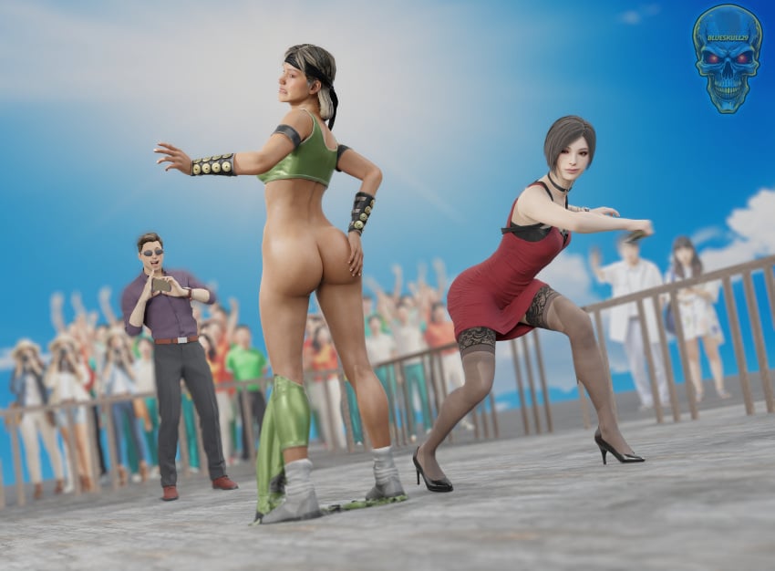 3d ada_wong armband armbands ass assisted_exposure blueskull bottomless crowd crowd_watching dbd dead_by_daylight embarrassed embarrassed_nude_female exposed exposed_ass heels johnny_cage mortal_kombat mortal_kombat_1_(2023) pants_removed red_dress resident_evil sonya_blade sonya_blade_(mk_1) sports_bra stripped stripped_clothes touching_own_ass