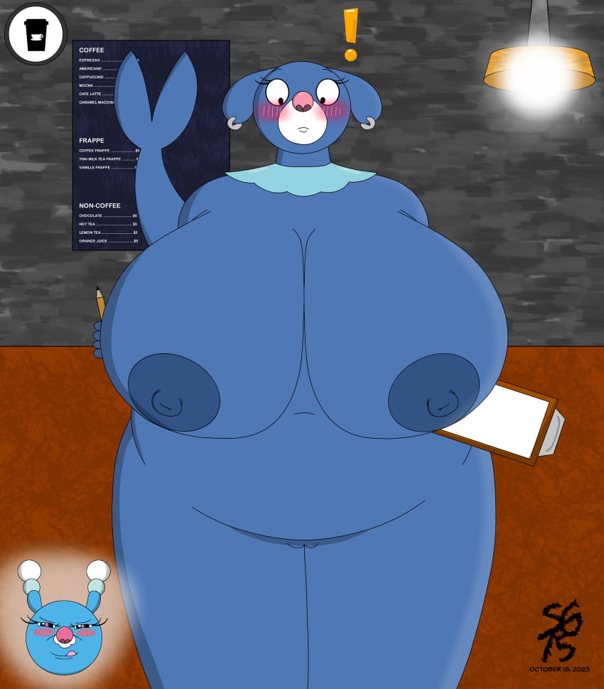 2023 2girls anthro anthro_pokemon areola bbw big_areola big_belly big_breasts big_ears big_nipples blue_body blue_fur blush blush_lines blushing breasts brionne chubby chubby_female coffee_shop ear earrings embarrassed embarrassed_nude_female erect_nipples fat_belly fat_breasts fat_female fat_woman female female_only hips huge_breasts lips logo mammal mammal_humanoid menu menu_board mia_sandoval_(solandgamer75) navel nintendo overweight overweight_female pencil pink_nose plump pokemon pokemon_(species) pokemon_only popplio puffy_nipples pussy sea_lion sea_lion_humanoid seal seal_humanoid seal_tail sisters small_eyes solandgamer75 surprised surprised_expression tail tongue tongue_out watermark