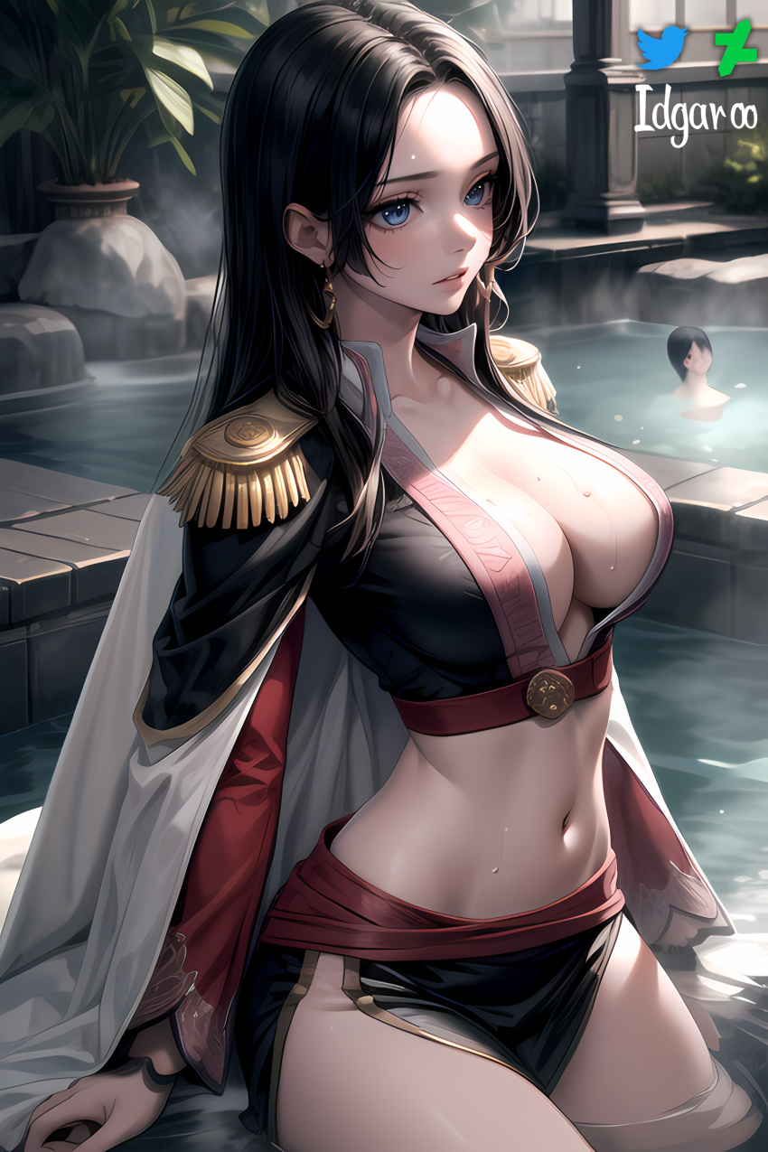 absurd_res ai_generated blue_eyes boa_hancock breasts coat earrings female female_only hi_res idgaroo long_hair midriff one_piece stable_diffusion thermal_waters water