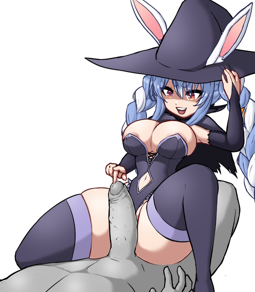 1boy 1girls animal_ear_fluff animal_ears animal_humanoid big_breasts big_penis blue_hair braid breasts cleavage clothed_female_nude_male commentary_request cowgirl_position dominant_female faceless_male female grinding hair halloween halloween_costume hand_on_penis hi_res highres hololive hololive_fantasy hololive_japan huge_ass human humanoid imminent_sex large_breasts light-skinned_female looking_at_penis multicolored_hair orange_eyes penis_awe rabbit_ears shortstack straight thick_penis thick_thighs through_clothes twin_braids twintails usada_pekora virtual_youtuber vtuber white_hair witch_hat xelsword