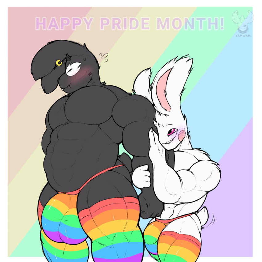 2023 anthro balls big_balls big_bulge black_body blush bulge claws clothed clothing cute ear_piercing ear_ring embarrassed floppy_ears fluffy fluffy_ears fluffy_tail fur gay gay_pride gay_pride_colors genitals hi_res hugging_arm lagomorph legwear leporid lgbt_pride looking_at_another looking_at_partner male male/male mammal motion_lines multicolored_clothing multicolored_legwear multicolored_underwear musclegut muscular muscular_male ollie_(yamwamm) piercing pride_color_clothing pride_color_legwear pride_color_underwear pride_colors pride_month rabbit rainbow_background rainbow_clothing rainbow_legwear rainbow_underwear ring_piercing sharp_teeth short_tail signature simple_background smile sweat_emanata tail tail_motion tailwag teeth thong underwear white_body yamwamm zarek_(anxiboi)