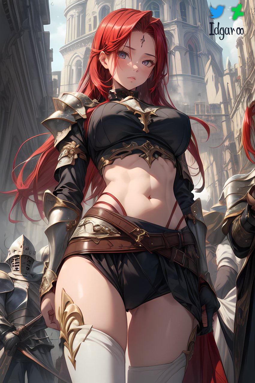 abs absurd_res ai_generated armor blue_eyes hi_res idgaroo long_hair looking_at_viewer looking_down medieval midriff original original_character red_hair stable_diffusion tower