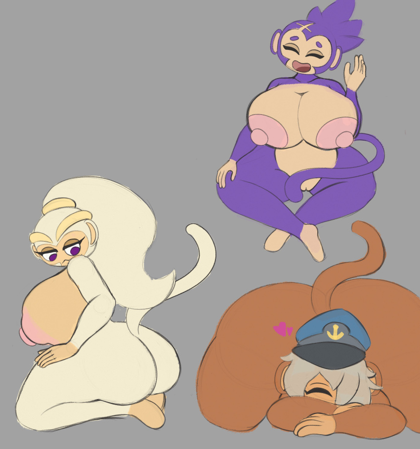 3girls admiral_brickell adora_(bloons_tower_defense) anthro ass barefoot big_ass bloons_tower_defense breasts brown_fur completely_nude completely_nude_female ezili female female_only full_body large_breasts monkey monkey_girl multiple_girls naked naked_female nappery nipples nude nude_female primate purple_fur simple_background smile white_fur