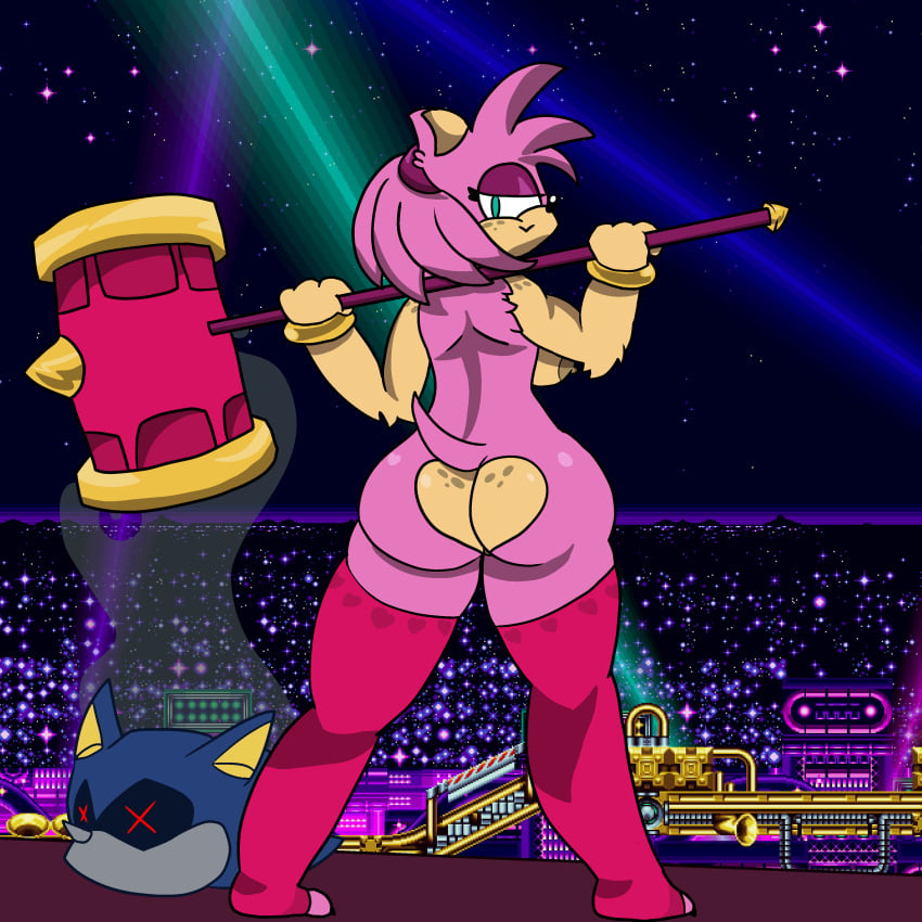 absurd_res amy_rose ass chibitay clothing female hammer hi_res legwear metal_sonic sega sonic_(series) sonic_cd sonic_the_hedgehog_(series) thigh_highs tools