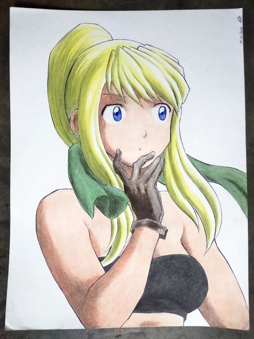 bandana blonde_female blonde_hair blonde_hair_female blue_eyes clothed_female fullmetal_alchemist fullmetal_alchemist_brotherhood gloves long_hair ponytail safe safe_for_work top towel traditional_art traditional_media traditional_media_(artwork) winry_rockbell yamidanight