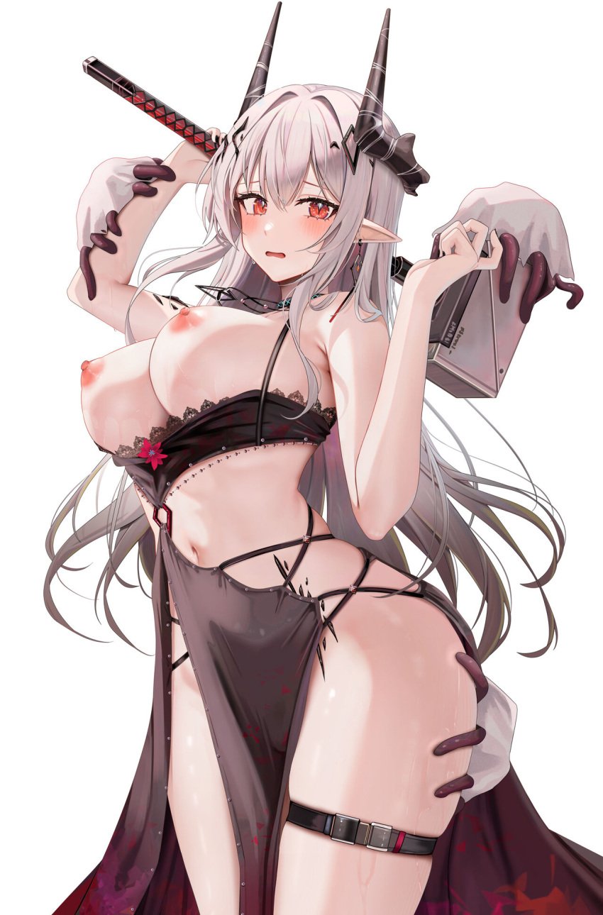 1girls 2023 arknights bare_breasts belly big_breasts blush breast_grab breasts hammer hi_res horns light-skinned_female light_skin mudrock_(arknights) navel nipples pointy_ears posing red_eyes ru_zhai simple_background solo thick_thighs thighs torn_clothes torn_clothing weapon