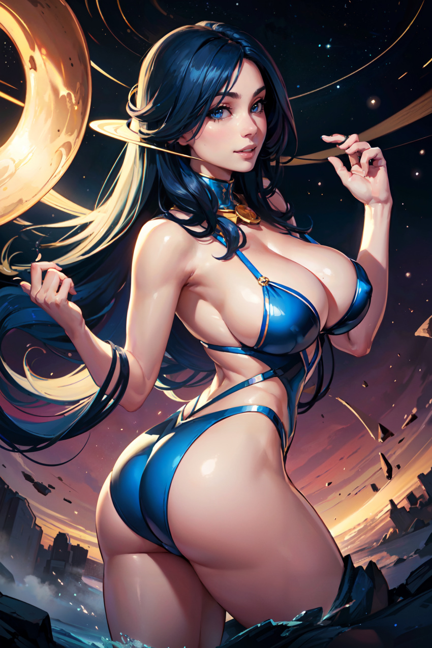 1girls ai_generated big_ass big_breasts bikini blue_eyes blue_hair long_hair looking_at_viewer makinbits milf mole_on_breast planet smiling space stable_diffusion tagme