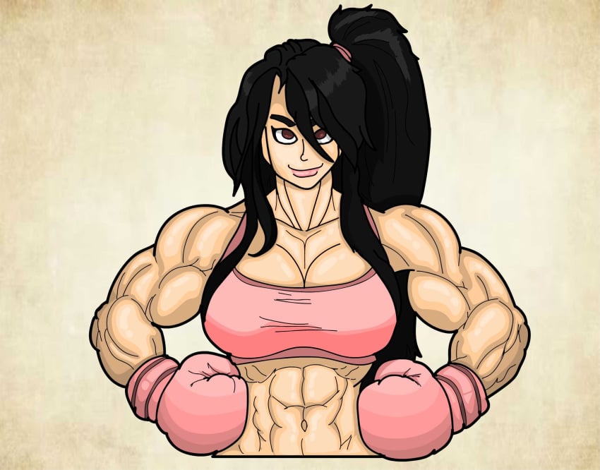 1girls 2d_(artwork) abs biceps black_hair boxer boxing boxing_gloves breasts brown_eyes captain_freeman cartoony cleavage female female_only front_view gloves light-skinned_female light_skin lips muscles muscular muscular_female pink_boxing_gloves pink_gloves pink_sports_bra robin_bearyeon shoulder_muscles six_pack solo sports_bra tagme tied_hair upper_body wheyfu