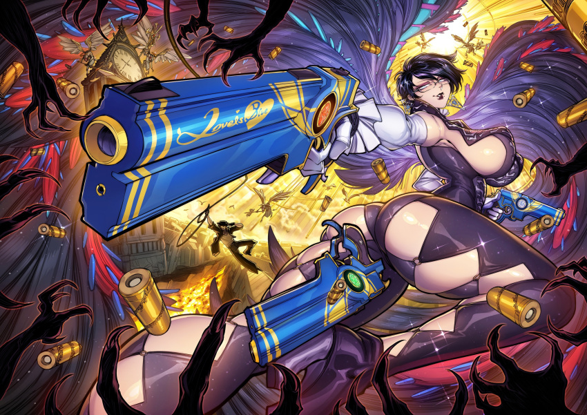 1girls accessory bayonetta bayonetta_(character) bayonetta_2 beauty_mark big_breasts black_hair blue_eyes bodysuit breasts cleavage clothing ear_piercing earrings female female_only firearm glasses gofa gun guns handgun heels jewelry large_breasts looking_at_viewer pale_skin piercing pistol pistols smile solo thick_thighs water weapon weapons wide_hips