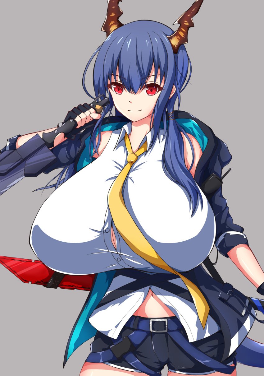 1girls alternate_breast_size arknights bangs bare_shoulders belt big_breasts blue_hair breasts busty ch'en_(arknights) cleavage clothed clothed_female curvaceous curvy dragon_girl dragon_horns dragon_tail enormous_breasts female female_only fingerless_gloves front_view giant_breasts gigantic_breasts gloves grey_background hair_between_eyes hips holding_object holding_sword holding_weapon horns huge_breasts hyper_breasts jacket large_breasts light-skinned_female light_skin light_xion long_hair looking_at_viewer massive_breasts open_jacket red_eyes seductive seductive_gaze seductive_look seductive_pose seductive_smile shirt short_shorts shorts sidelocks simple_background smile solo solo_female standing sword tie tight_clothing tight_shirt twintails voluptuous waist wasp_waist weapon wide_hips