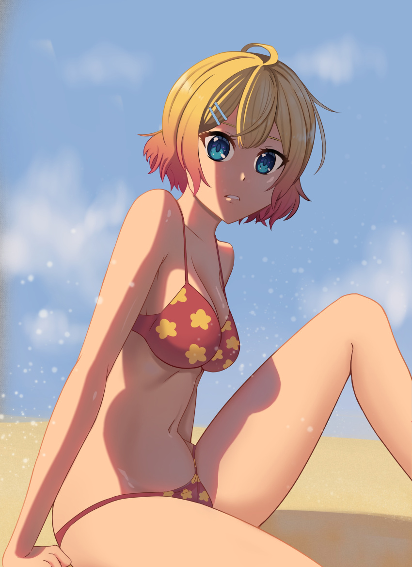 1girls beach bikini blonde_hair blue_eyes breasts exhibitionismclub female female_only mikan_(exhibitionismclub) miya_artt navel pinup red_bikini short_hair solo star_print star_print_bikini swimsuit