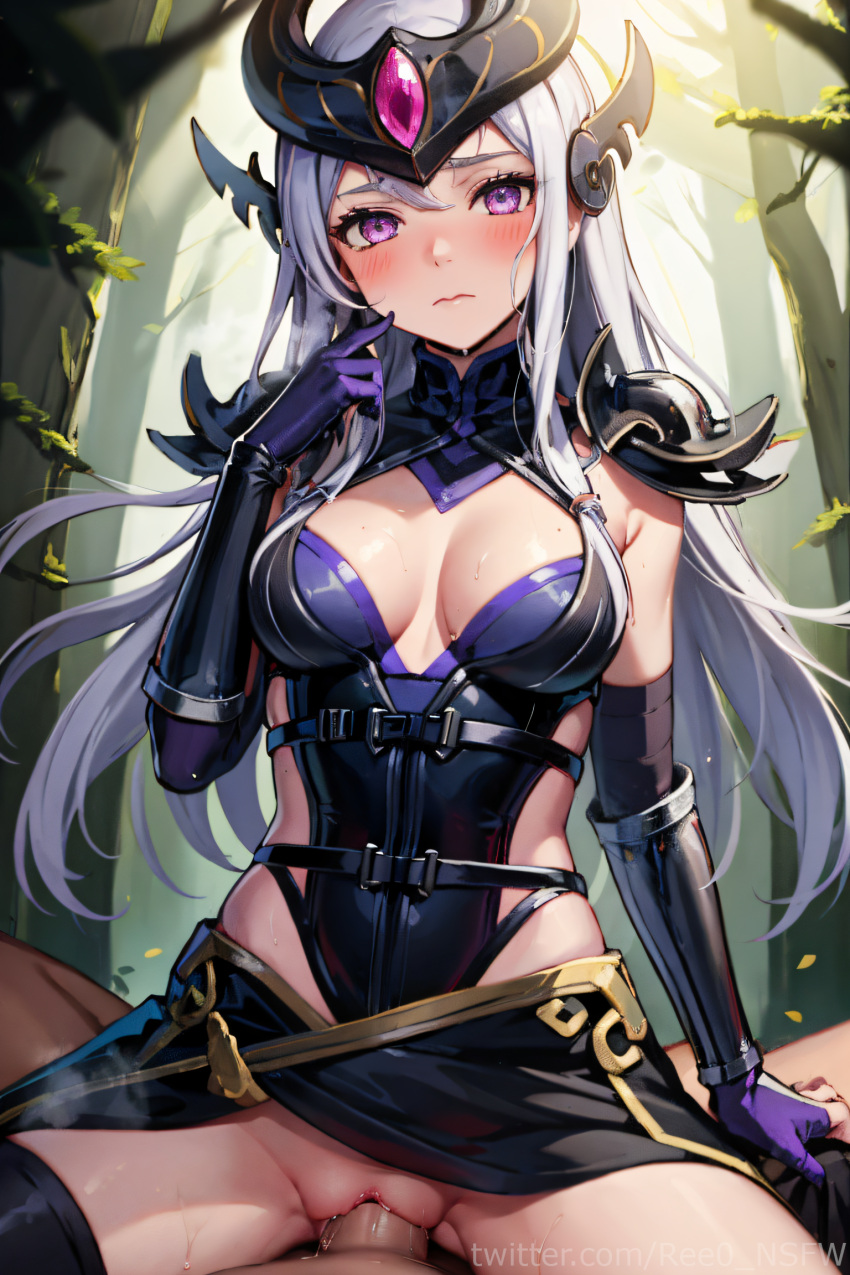 1boy absurd_res absurdres ai_generated armor blush breasts breasts_apart cleavage closed_mouth clothed_sex cowgirl_position cowgirl_position ear_protection elbow_gloves female forehead_protector forest gloves grey_hair hi_res highres large_breasts league_of_legends league_of_legends:_wild_rift leotard long_hair looking_at_viewer medium_breasts nature outdoors penis pov purple_eyes purple_gloves pussy ree0 riot_games sex shoulder_armor solo_focus straddling straight sweat syndra thighhighs uncensored vaginal_penetration vambraces very_long_hair