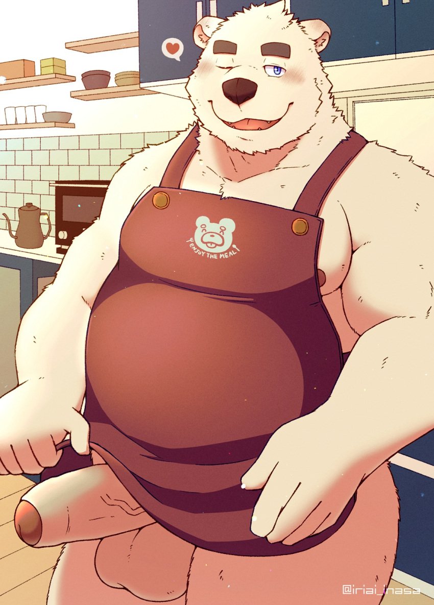 2023 anthro apron balls bear blush clothing detailed_background erection genitals heart hi_res iriai_inasa kemono kitchen_utensils male male_focus male_only mammal moobs nipples one_eye_closed overweight overweight_male penis polar_bear solo tools ursine wink