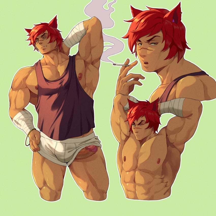 1boy abs animal_ears arms_behind_head bandaged_hand bandages bara black_tank_top cigarette erection highres holding holding_cigarette large_pectorals league_of_legends male_focus male_underwear multiple_views muscular muscular_male navel nipples pectorals penis red_hair rekkinj scar scar_on_face scar_on_nose sett short_hair smoking tank_top thick_thighs thighs topless_male underwear white_male_underwear