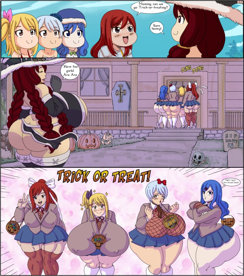 5girls alternate_breast_size ass ass_shelf background blonde_hair blue_eyes blue_hair bottomless breasts breasts_bigger_than_head brown_eyes bubble_ass bubble_butt chibi clothes comic comic_page cosplay crossover_cosplay doki_doki_literature_club english english_text erza_scarlet exposed_ass fairy_tail female_only halloween halloween_costume house huge_ass huge_breasts irene_belserion juvia_lockser large_breasts lucy_heartfilia milf multiple_girls muscles nipples_visible_through_clothing ponytail pumpkin red_hair ribbon school_uniform shelf_booty size_difference skirt speech_bubble twisteddragonart white_hair wide_hips yukino_aguria