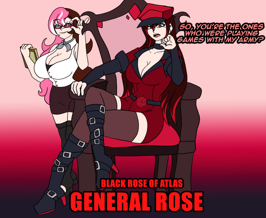 2girls bare_thighs black_eyes boots breasts brown_hair burplenurpless cleavage clothed clothing defeated dialogue duo english_text female female_only fully_clothed glasses hat huge_breasts human large_breasts light-skinned_female light_skin long_hair multicolored_hair multiple_girls neo_(rwby) pov red_hair ruby_rose rwby sitting text thighhighs thighs throne very_long_hair